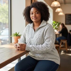 LOFT Light Gray V-Neck Cable Knit Sweater Size L